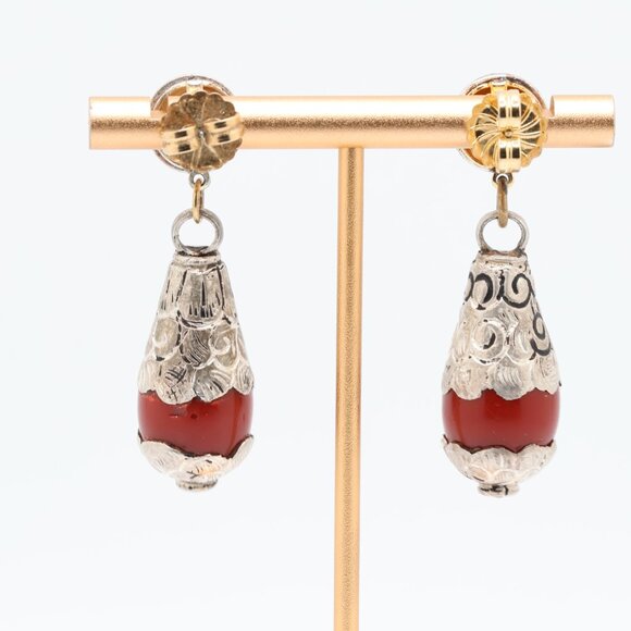 Vintage Sterling Silver Red Coral Teardrop Dangle Earrings - Picture 2 of 6